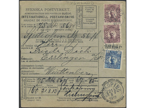 Sweden. Facit 81, 85 on cover, 2×8+20 öre on money order sent from JÖNKÖPING 21.8.1918 to Germany. Arrival pmk ESSLINGEN 23.AUG.13. One stamp with short corner perf. but also with part of guiding cross.