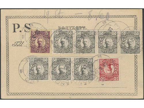 Sweden. Facit 78, 82, 91 on cover, 10+7×50 öre + 5 kr used as postage due on PS-card for 19 insufficiently prepaid mail items. Cancelled FINSPÅNG 12.3.18. Nice item.