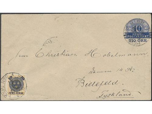 Sweden. Postal stationery, Stamped envelope, Facit Fk5VII, 51, Stamped envelope 10/12 öre additionally franked with 10/24 öre, sent from PKXP No 2A INR N 19.1.1890 to Germany. Arrival pmk BIELEFELD 20.1.90.