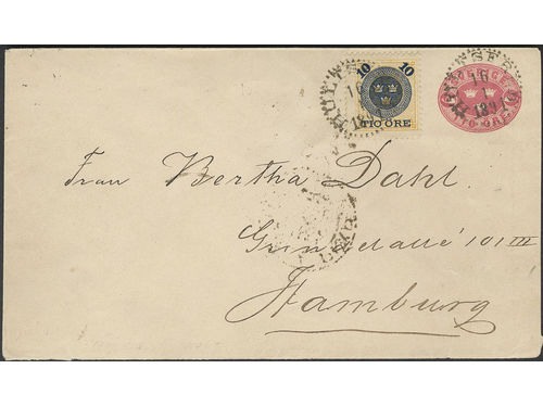 Sweden. Postal stationery, Stamped envelope, Facit Fk3, 51, Stamped envelope 10 öre additionally franked with 10/24 öre, sent from HULTSFRED 16.1.1891 to Germany. Arrival pmk HAMBURG 13.1.91.