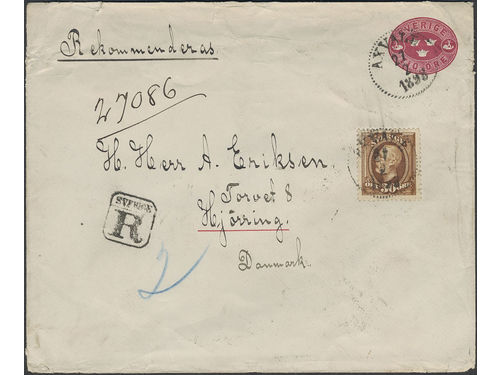 Sweden. Postal stationery, Stamped envelope, Facit Fk6, 58, Stamped envelope 10 öre additionally franked with 30 öre, sent registered from AXVALL 27.2.1893 to Denmark. Arrival pmk HJORRING 1.3.93.