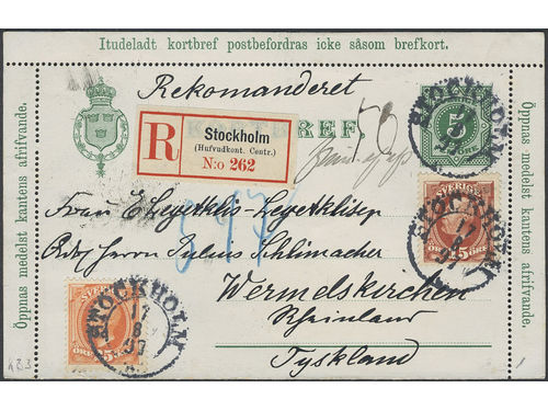Sweden. Postal stationery, Letter card, Facit kB5, 55, 57, Letter card 5 öre, additionally franked with 15+25 öre, sent registered from STOCKHOLM 17.8.97 to Germany. Arrival pmk WERMELSKIRCHEN 19.8.97. Notation 'frim. af afs'.