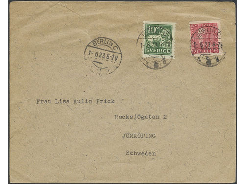 Sweden. Facit 144A, 180. Cancellations,  GERMANY. German pmk BERLIN C 1.6.23 on cover sent to Jönköping.