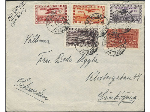Germany, Saargebiet. Michel 177, 185/191 on cover, 5 Fr on cover sent from SAARBRÜCKEN 2 13.1.35 to Breslau, plus 50+60+75 c + 1+2 Fr on air mail cover sent from BECKINGEN 1.1.35 to Sweden. (2).
