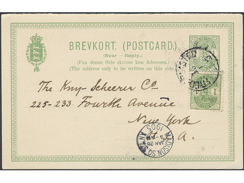 Danish West Indies. Postal stationery Facit BKd7II, Response card 1 c sent from FREDERIKSTED 16.1.1905 to USA. Without price in Facit.