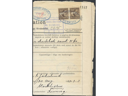 Sweden. Facit 148A on cover, 2×30 öre on foreign complaint regarding a registered cover sent to Hamburg, Germany. Cancelled STOCKHOLM 3.SEP.1923. Scarce used for mail sent to abroad.