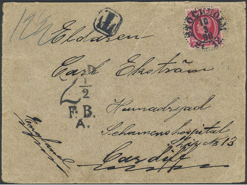 Sweden. Facit 54 on cover, 10 öre on insufficiently prepaid cover sent from STOCKHOLM 10.9.98 to Great Britain. Postage due cancellations T and 2½D F.B.A. Beautiful item.