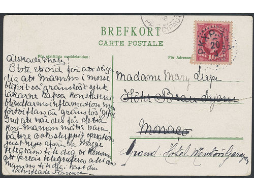 Sweden. Facit 54 on cover, 10 öre on picture postcard (Grand Hotel, tear) sent from PKXP 34A (Stockholm–Katrineholm) 20.3.1908 to Monaco. Part of arrival pmk. Scarce destination, R4 (4–10 recorded covers) according to Facit.
