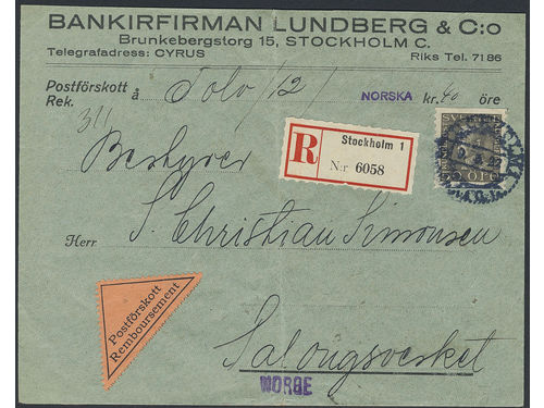 Sweden. Facit 192 on cover, 50 öre, single usage, on registered cash on delivery cover sent from STOCKHOLM 9.5.22 to Norway. Arrival pmk 13, 14 and 15.V22. Very scarce.