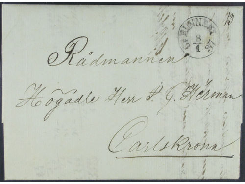 Sweden. K county. RUNNEBY 8.1.1837, arc postmark. Type 2 on letter sent to Karlskrona. Superb. Postal: 6000:-