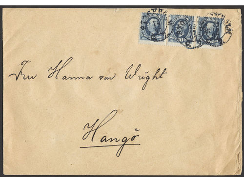 Sweden. Facit 56 on cover, 3×20 öre on 3-fold cover sent from STOCKHOLM 29.12.1897 to HANGÖ 1.1.1898. Unusually fresh.