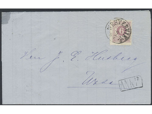 Sweden. Facit 20k on cover, 6 öre red-lilac on beautiful printed matter sent from WESTERVIK 9.7.1876 to Finland. Transit STOCKHOLM K.E. 11.7.1876, and arrival pmk ANK 17.7. Small grease spot on the cover of less importance. Scarce – one of the earliest recorded pms sent abroad after GPU. SEK 4000