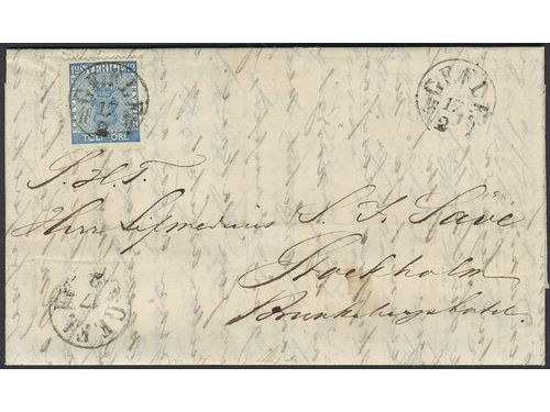 Sweden. Facit 9d1 on cover, 12 öre light blue on beautiful letter with EXCELLENT cancellation GEFLE 17.2.1859, sent to Stockholm.