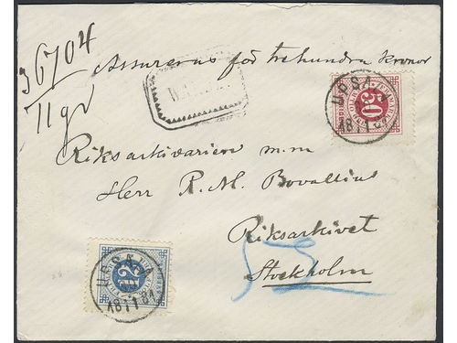 Sweden. Facit 36c, 32b on cover, 12+50 öre on beautiful insured cover sent from UPSALA 30.11.1881 to Stockholm.