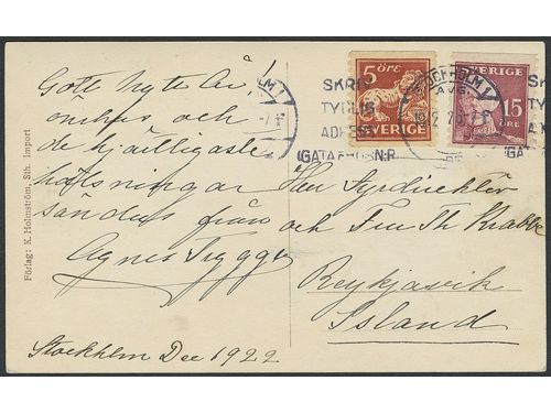 Sweden. Facit 151, 142A on cover, 5+15 öre on picture postcard sent from STOCKHOLM 19.1.22 to Iceland.
