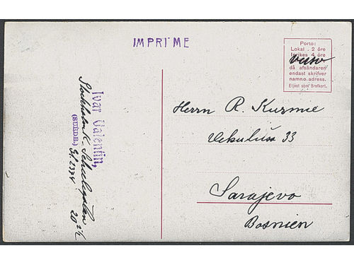 Sweden. Facit 71, 74 on cover, 1+4 öre on picture postcard (Djursholms Slott) sent as printed matter from STOCKHOLM 1 15.3.12 to Sarajevo, Bosnia & Herzegovina. ONLY RECORDED printed matter to this destination according to Ferdén, in which work the card also is pictured.