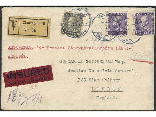 Sweden. Facit 175C, 192 on cover, 2×15+50 öre insured cover with content sent from STOCKHOLM 16.3.25 to Great Britain. Arrival pmk LONDON E.C. REGISTERED 19.MR.25.