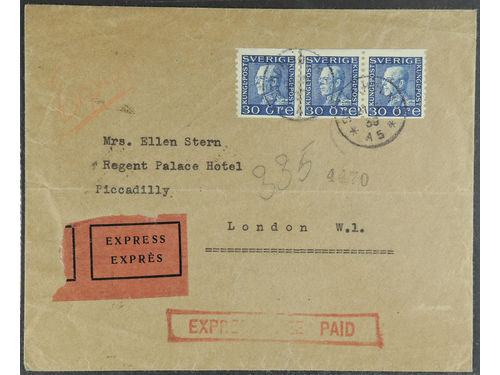 Sweden. Facit 185c on cover, 3×30 öre on special delivery cover sent from STOCKHOLM 21.3.39 to Great Britain. Cancellations EXPRESS FEE PAID and LONDON E.C. 22.MR.39.
