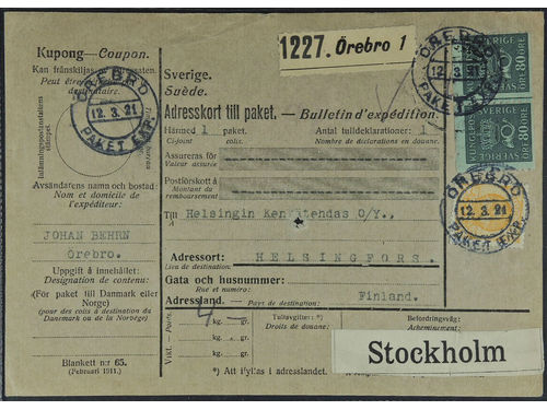 Sweden. Facit 165, 72 on cover, 2+2×80 öre on address card for parcel sent from ÖREBRO PAKET EXP. 12.3.21 to Finland. Arrival pmk HELSINGFORS HELSINKI 17.III.21. Scarce postage.