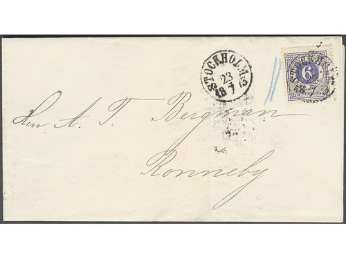Sweden. Facit 20b on cover, 6 öre ultramarine-violet on yellowish paper. 6 öre on very fine printed matter sent from STOCKHOLM 23.7.1873 to Ronneby.
