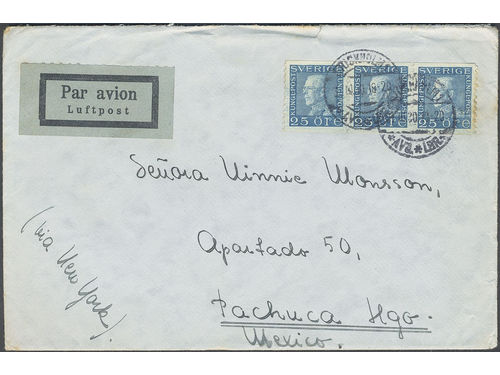 Sweden. Facit 183 on cover, 3×25 öre on air mail cover sent from STOCKHOLM 1 21.10.30 to Mexico, with arrival pmk on the reverse. Scarce destination for Air mail.
