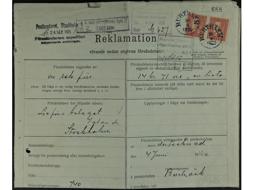 Sweden. Facit 176A on cover, 2x15 öre on complaint / enquiry regarding a missing registered letter addressed to Stockholm. Form No. 329 with cancellation BURTRÄSK 20.9.1926, among other.