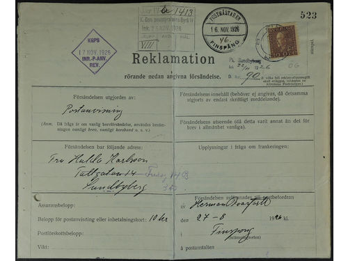 Sweden. Facit 186 on cover, 30 öre on complaint / enquiry regarding a missing money order addressed to Sundbyberg. Form No. 329 with cancellations FINSPÅNG 10.11.26 and SUNDBYBERG 24.11.1926, among other.