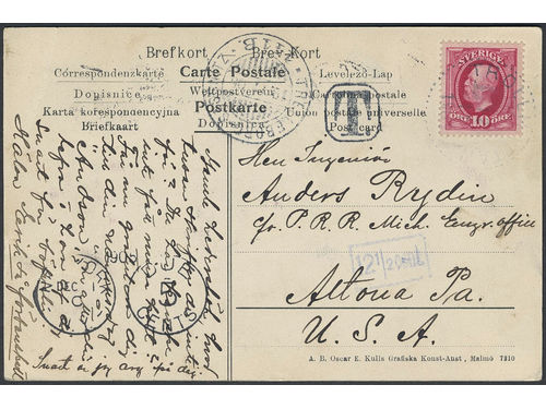 Sweden. Facit 54 on cover, 10 öre on postcard sent insufficiently prepaid due to divided address side for which letter rate applied, from TROLLHÄTTAN 18.11.1905 to USA. Postage due cancellations T and 12½ CENT. Transit TRELLEBORG-SASSNITZ 141B 19.11.05 and arrival postmarks NEW YORK N.Y. DUE 5 CENTS 1.DEC and ALTONA 2.DEC.1905.