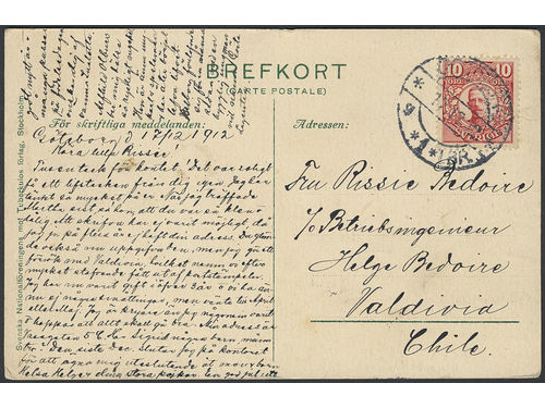 Sweden. Facit 82 on cover, 10 öre red on postcard sent from GÖTEBORG 17.12.12 to Chile. Scarce destination.