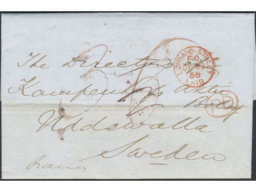 Sweden. Foreign-related cover. Great Britain. Incoming prepaid letter sent from LOMBARD STREET PAID 22.DE.68 in closed mail via Denmark to Uddevalla. Cancellations PD and PKXP Nr 2 25.12.1868. In London the letter was marked 