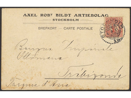 Sweden. Facit 82 on cover, 10 öre on postcard sent from STOCKHOLM 15 4.8.11 to Trebizonde (today Trabzon), Asian Turkey. Scarce destination, R4 (4–10 recorded covers) according to Facit.