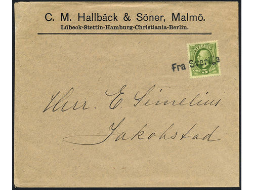 Sweden. Facit 52. Cancellations,  DENMARK. Danish cancellation FRA SVERIGE (without M) (Malmö–Copenhagen route) on Swedish stamp 5 öre Oscar II, on printed matter cover sent to Finland. Arrival JAKOBSTAD KL. 12F 11.II.08. EXCELLENT and scarce.