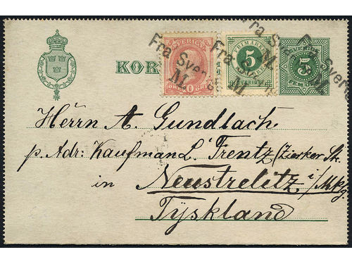 Sweden. Facit kB1, 43, 45. Cancellations,  DENMARK. Danish cancellation FRA SVERIGE M (Malmö–Copenhagen route) on Swedish stamps, 5 öre Circle type perf. 13 with ph and 10 öre Oscar II letterpress with ph, on letter card 5 öre. The letter is dated 