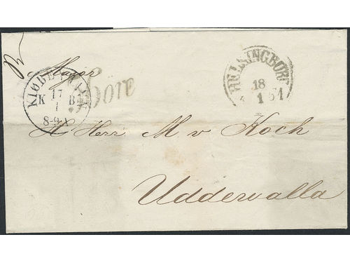 Sweden. Lösenförsändelser. Postage due cancellation 36 ÖRE on cover sent from KIØBENHAVN 17.1 to Uddevalla, via HELSINGBORG 18.1.1861.