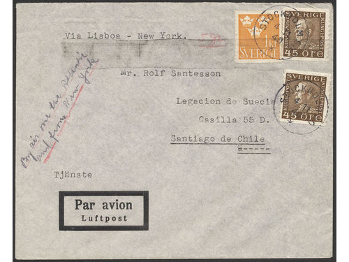 Sweden. Facit 191, 294 on air mail cover, 2×45 öre + 1 kr on air mail official cover sent from STOCKHOLM 50 4.11.40 to Chile. Notation 
