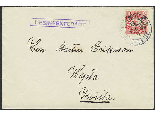Sweden. Facit 82 on cover, 10 öre on beautiful covers sent from STOCKHOLM ODENG. 4.1.15 to KVISTA 5.1.15. Also sought after cancellation DESINFEKTERADT.
