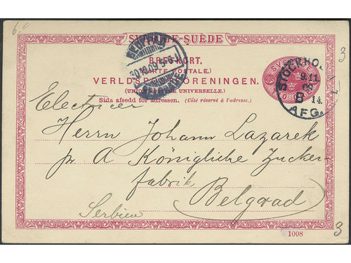 Sweden. Postal stationery, Single postcard, Facit bKe14, Postcard 10 öre with date figure 1008, sent from STOCKHOLM 9.11.09 to Serbia. Arrival pmk BELGRADE 30.10.09. Very scarce destination, only one other postcard recorded during the period according to Ferdén.