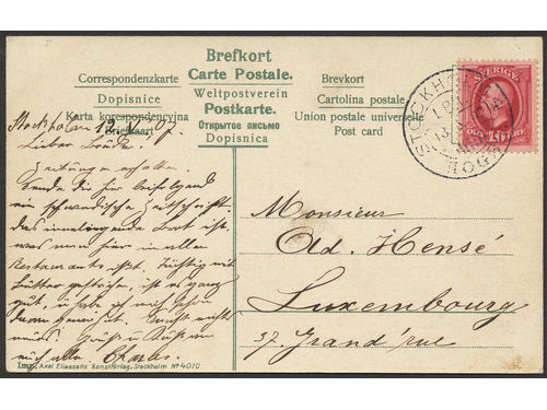 Sweden. Facit 54 on cover, 10 öre on postcard with divided address side, sent from STOCKHOLM 4 LBR 13.5.07 to Luxembourg. Very scarce destination.