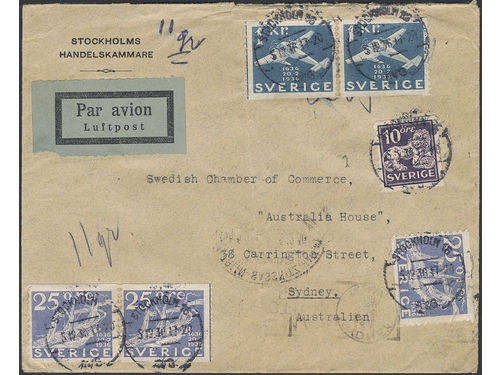 Sweden. Facit 146A, 250, 257 on air mail cover, 10+3x25 öre + 2x1 kr on air mail cover sent from STOCKHOLM 16 5.12.36 to Australia. Transit BERLIN-SASSNITZ (HAFEN) ZUG 14 6.12.36 and arrival pmk SYDNEY N.S.W. AIR MAIL SECTION GPO 23.DEC.36.