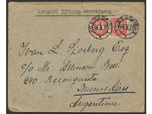 Sweden. Facit 82 on cover, 2x10 öre on beautiful cover sent from NORRKÖPING 1 13.8.12 to Argentina. Arrival pmk BUENOS AIRES 3.SET.1912. The envelope with small tear.