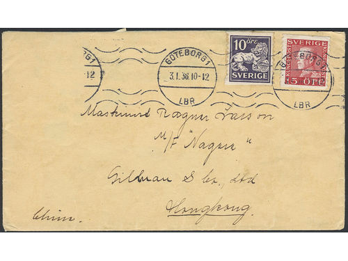 Sweden. Facit 146A, 177A on cover, 10+15 öre on cover sent from GÖTEBORG 3.1.36 to Hong Kong. Arrival pmk VICTORIA HONG KONG 26.JA.36.