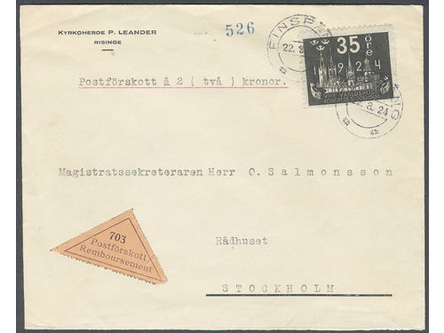 Sweden. Facit 202 on cover, 35 öre on cash on delivery cover sent from FINSPÅNG 22.8.24 to Stockholm. The stamp is cut at bottom.
