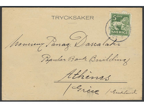Sweden. Facit 143C on cover, 5 öre yellowish green, type II, perf on four sides. Printed matter card sent from ÖREBRO CST 1931 to Greece. Very scarce destination for pm mail.