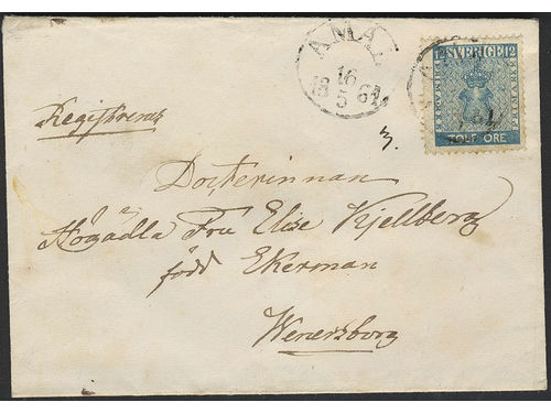 Sweden. Facit 9g on cover, 12 öre green-blue on recorded cover sent from ÅMÅL 16.5.1861 to Vänersborg. Notation 