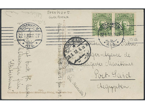Sweden. Facit 79 on cover, 2×5 öre on postcard sent from STOCKHOLM 22.1.13 to Egypt, 
