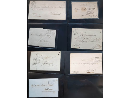 Sweden. Prephilately, collection 1835–1854 on visir leaves. Small lot with somewhat better cancellations: Arc pmk: LANDSKRONA type 2. Rectangular pmks: CARLSKRONA type 1 and 6, LILLA EDET 24.10.1854, NORRKÖPING type 5, WARBERG type 1 and WENERSBORG type 2. The entire lot is presented at www.philea.se. (7)