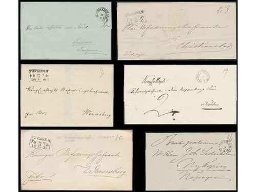 Sweden. Prephilately, collection A COUNTY on visir leaves. Selected better items: STOCKHOLM arc pmks type 4 (P: 2000) and 9 in two copies (P: 800 each), and rectangular pmk STOCKHOLM FR BR in three copies (P: 500 each) incl. one Royal cover sent from Oscar I with notation 
