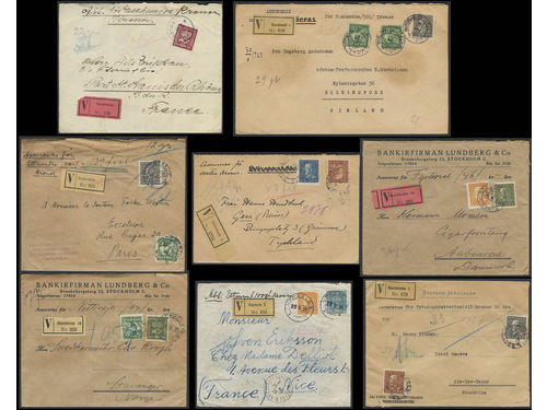 Sweden. Collection covers INSURED COVERS sent to abroad 1925–1938 on visir leaves. All with different combinations and all except one with different fees. The entire lot is presented at www.philea.se. Somewhat mixed quality. (8)