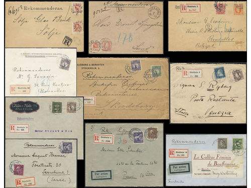 Sweden. Collection covers REGISTERED MAIL 1887–1930 on visir leaves. Several sent to abroad, two in combination with air mail, official usage with ordinary stamp, etc. The entire lot is presented at www.philea.se. Mostly good quality. (10)