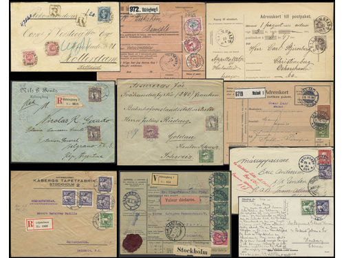 Sweden. Collection covers 1879–1925 on visir leaves. Selected better usages incl. an early address card for C.O.D. parcel, registered covers to Argentina and Colombia, insured covers to the Netherlands and Switzerland, address card for bulky parcel, etc. The entire lot is presented at www.philea.se. Somewhat mixed quality. (10)
